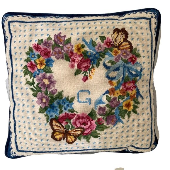 Vintage Needlepoint Floral Heart Pillow With "G" Monogram & Butterfly Design - Picture 1 of 6